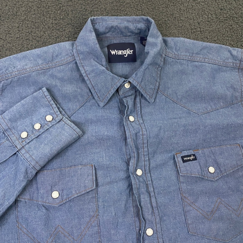Wrangler Western Snap Shirt Mens Large Blue Chambray Long Sleeve Cowboy Workwear
